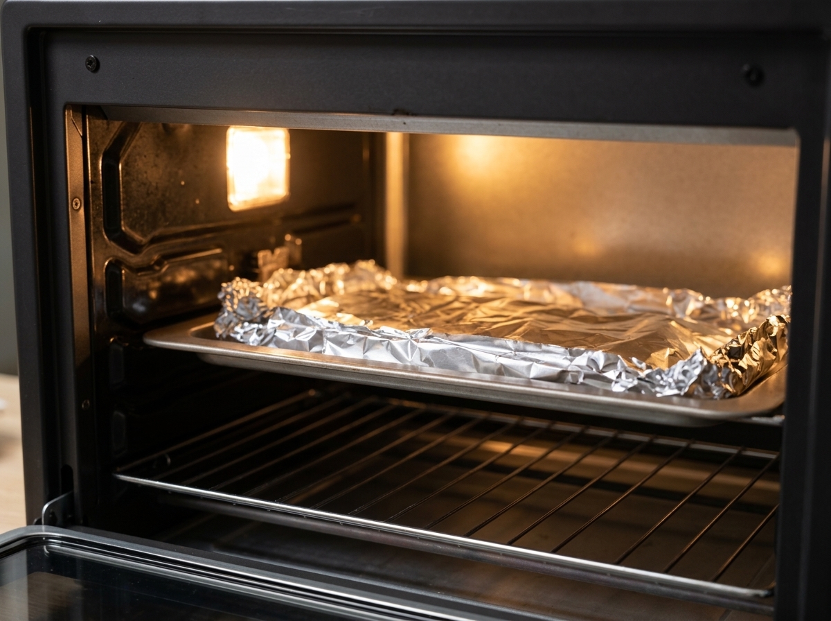 Une plaque de cuisson avec la papillote en aluminium placée dans un four chaud.