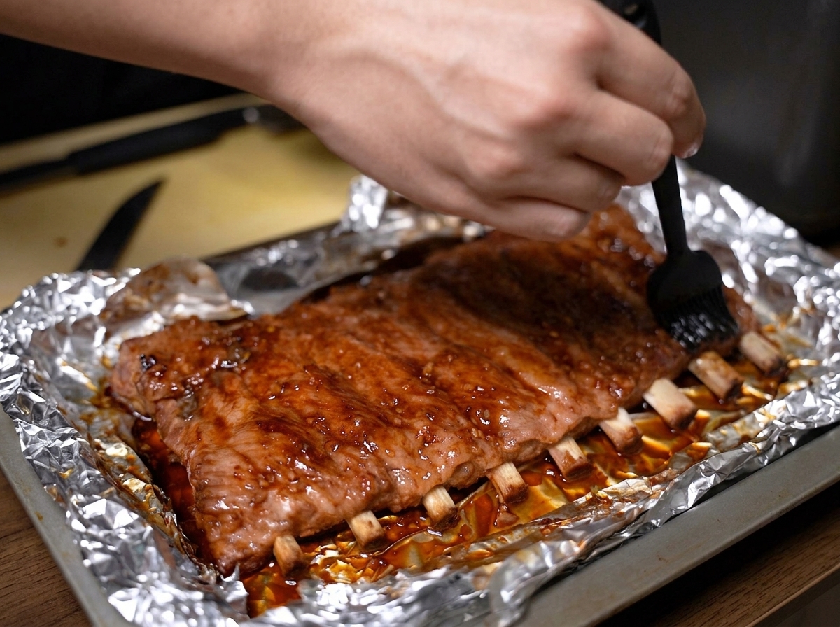 Une main utilisant un pinceau en silicone pour étaler du miel brillant sur les travers de porc sortis de la papillote.