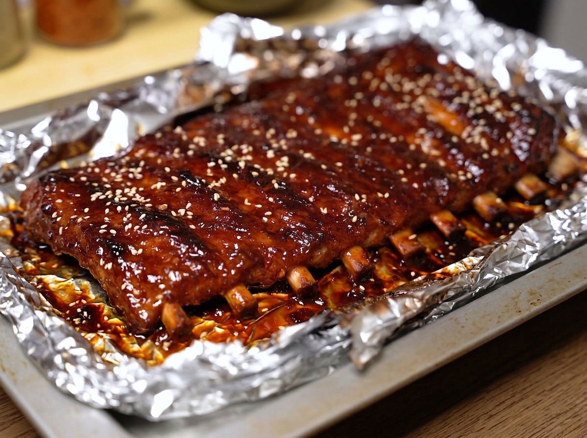 Travers de porc laqués parsemés de sésame blanc sur une plaque tapissée daluminium.