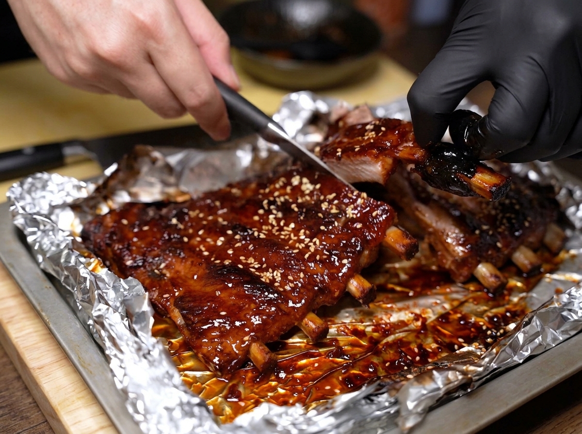 Mains utilisant un couteau tranchant pour découper le travers de porc laqué en portions individuelles.