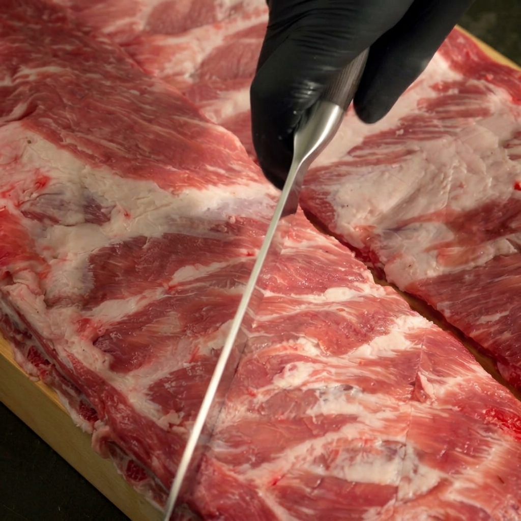 Une main gantée utilisant un couteau pour entailler la surface de travers de porc crus sur une planche en bois.