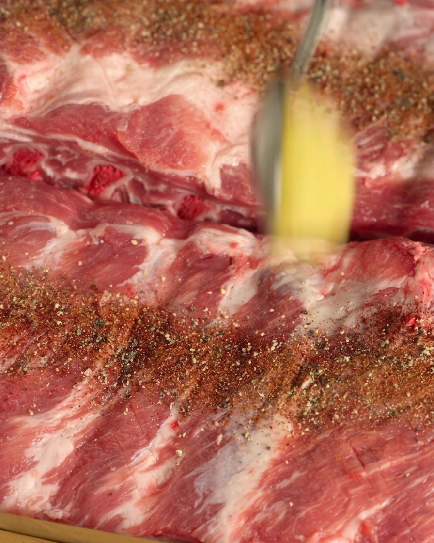 Une cuillerée dail haché déposée sur des travers de porc recouverts dépices rouges.