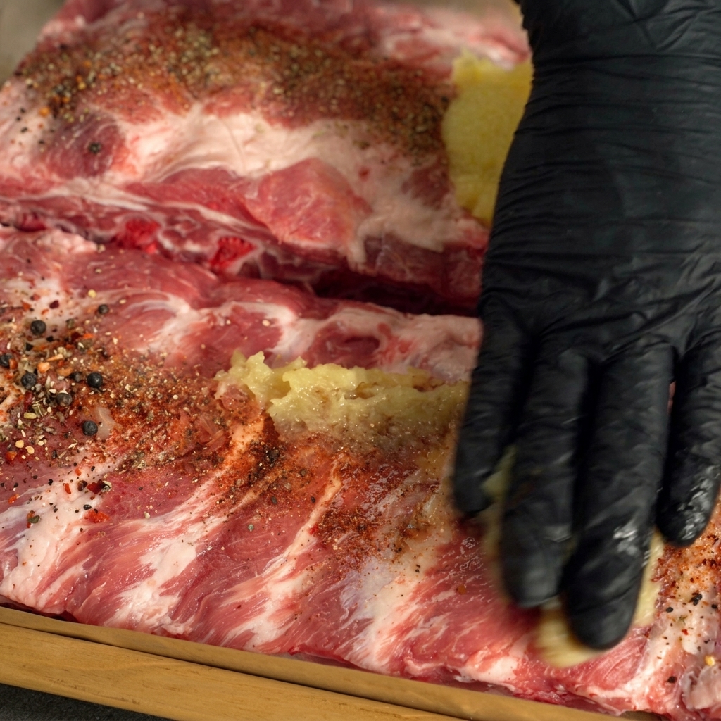 Une main portant un gant noir massant lail et les épices sur un rack de travers de porc crus.