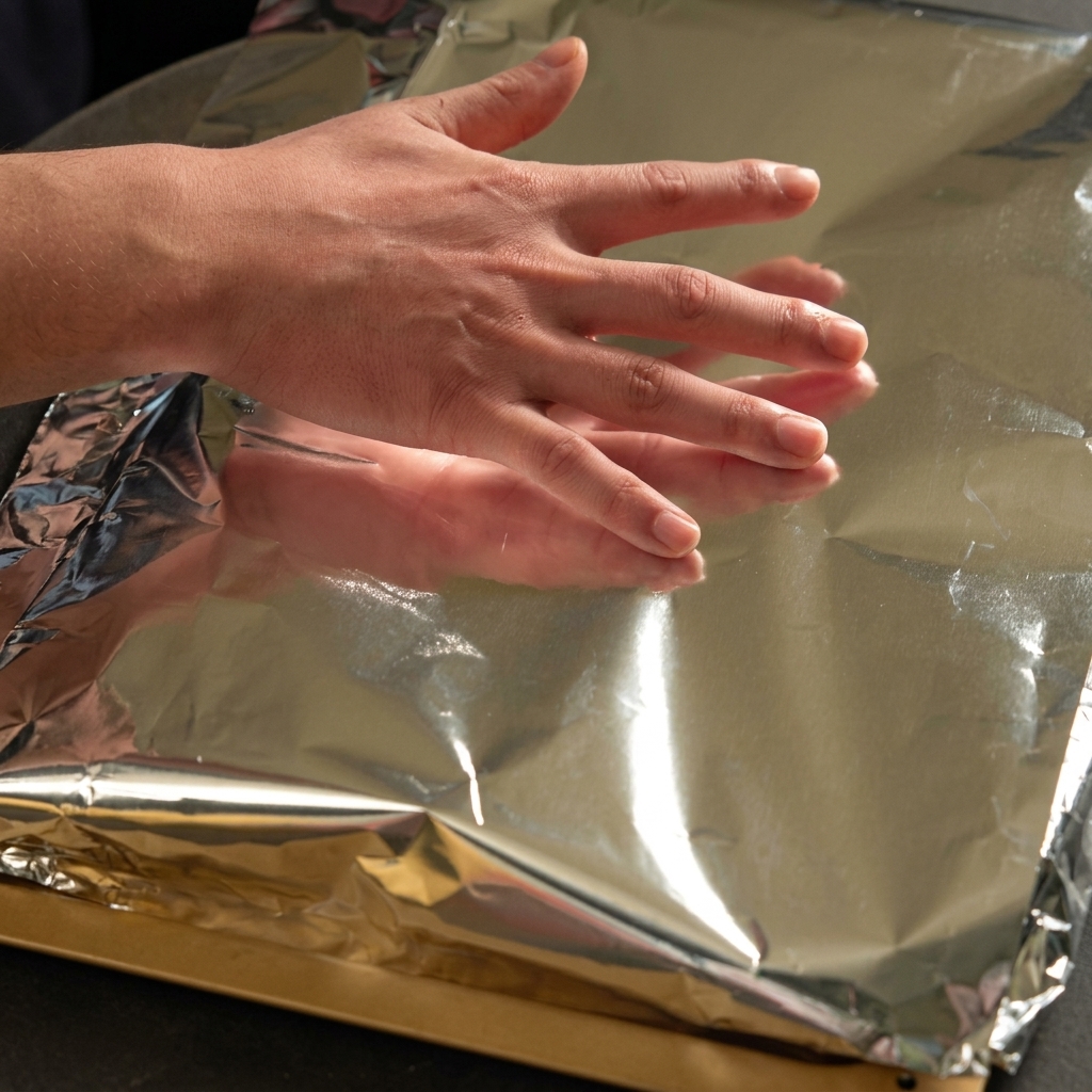 Deux mains repliant une grande feuille de papier aluminium brillant sur des travers de porc assaisonnés.