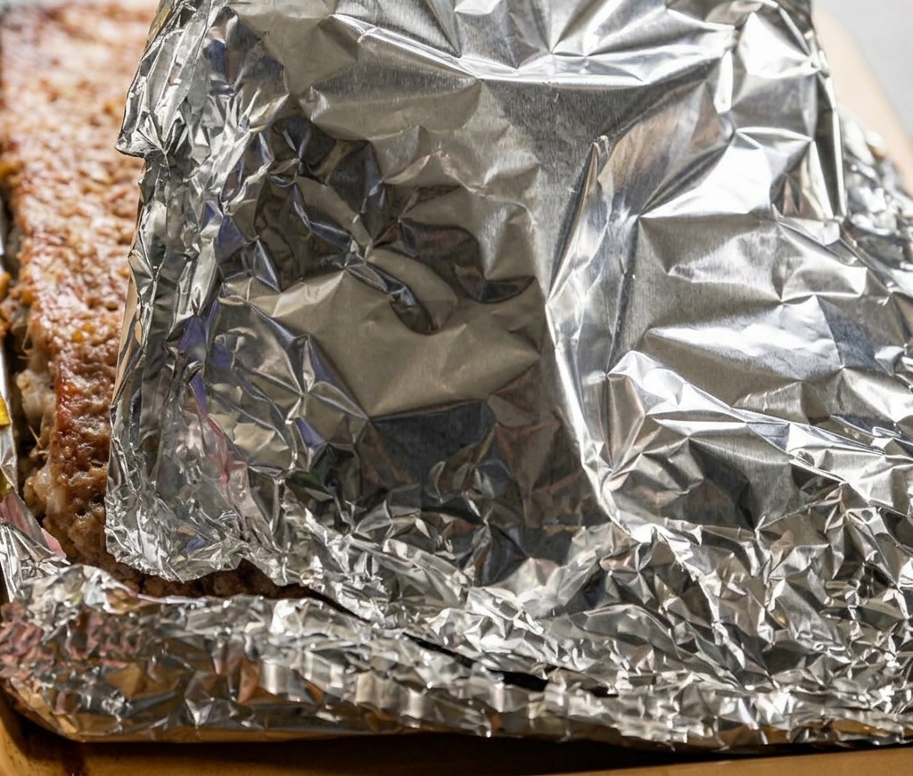Une main retirant le papier aluminium froissé pour révéler des travers de porc juteux sur une plaque de cuisson.
