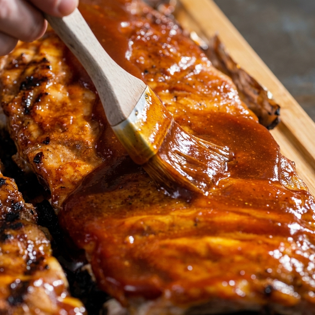 Un pinceau de cuisine étalant un glaçage BBQ brillant sur des travers de porc cuits.