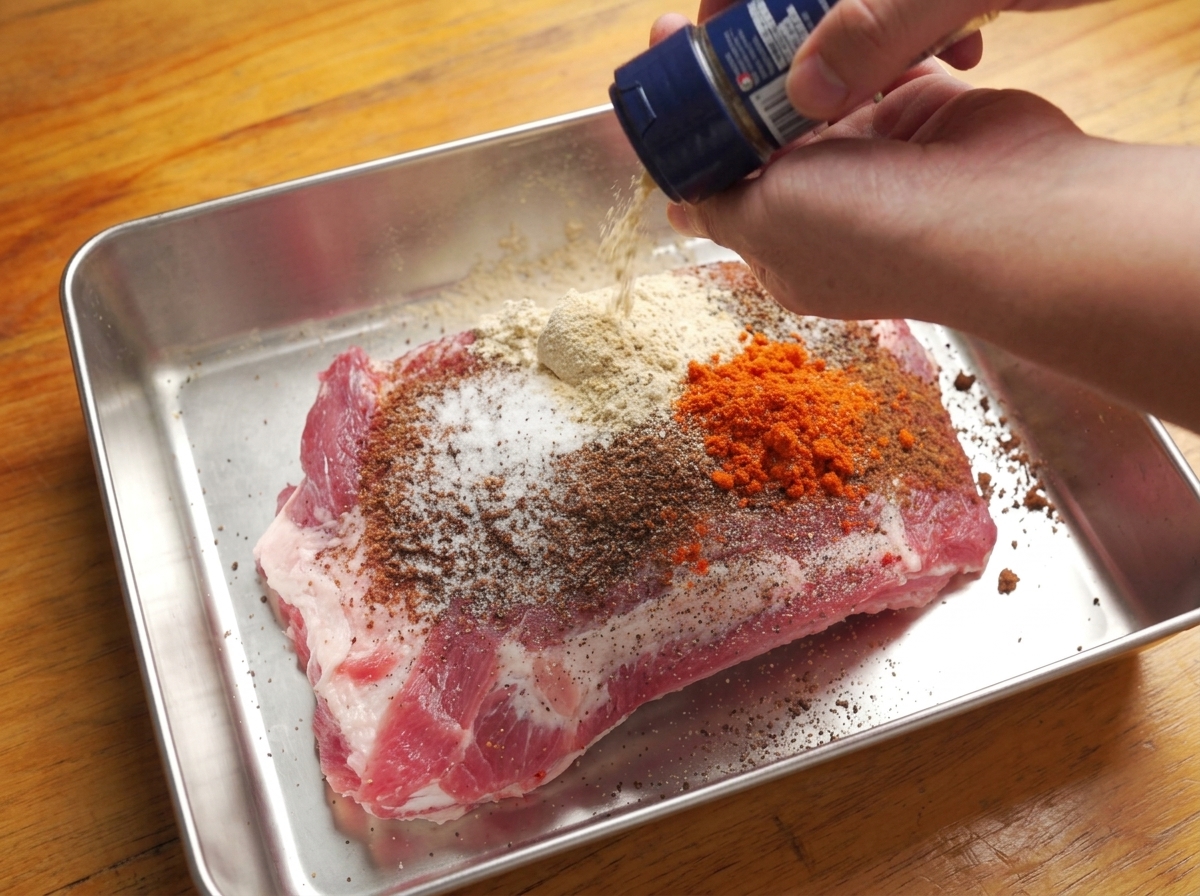 Mains saupoudrant des épices et de la moutarde en poudre sur une grande pièce de porc crue.