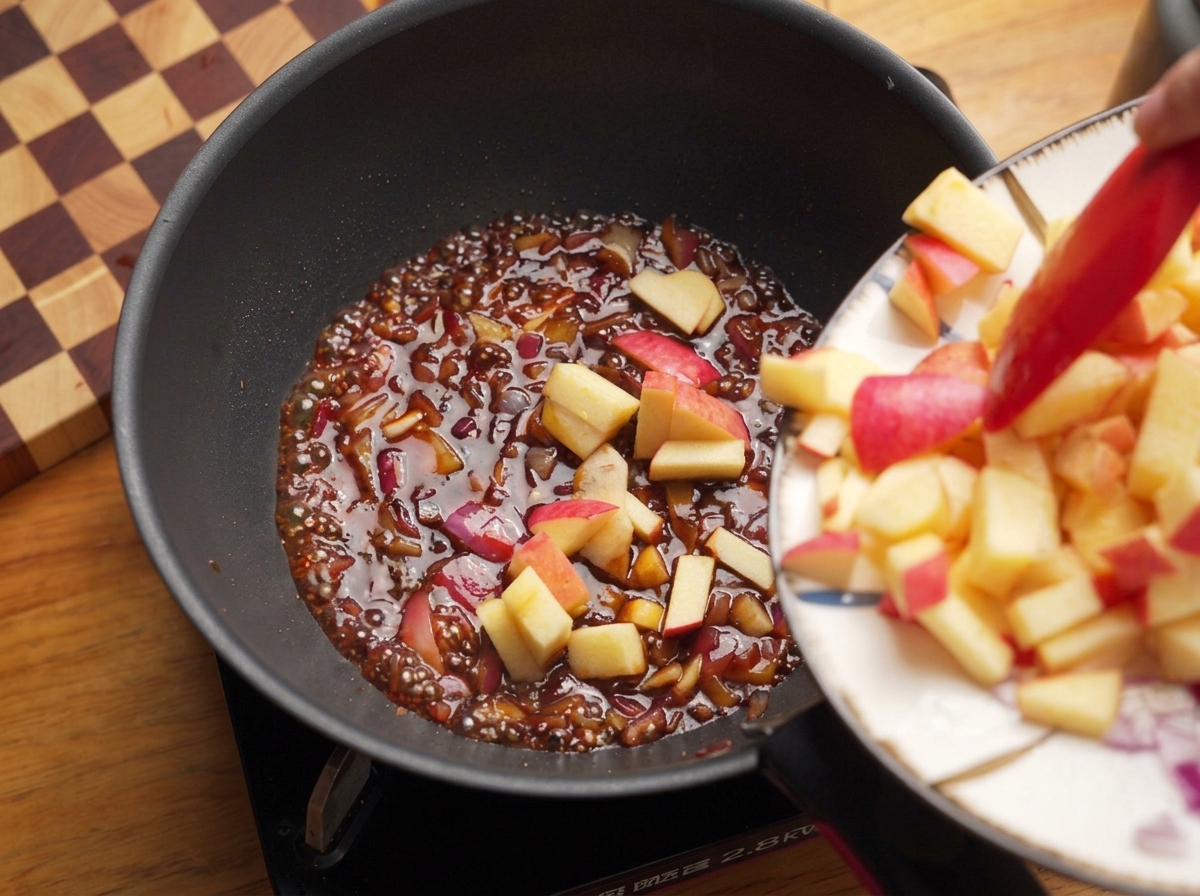Morceaux de pommes glissant dune assiette vers une poêle contenant une sauce barbecue frémissante.