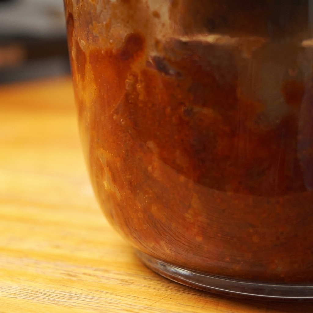 Sauce barbecue à la pomme épaisse et rouge à lintérieur dun récipient de mixeur transparent.