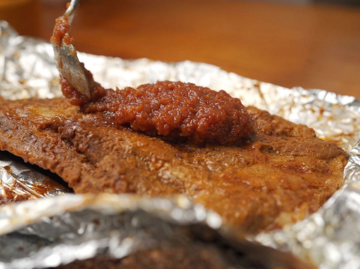 Cuillère déposant une sauce barbecue épaisse sur des travers de porc partiellement cuits sur du papier aluminium.