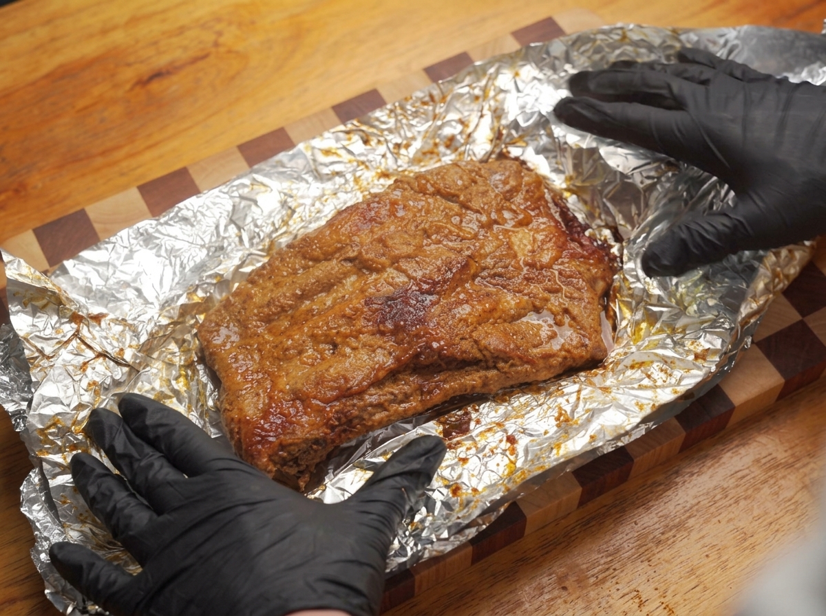 Mains gantées manipulant des ribs enrobés dune sauce barbecue à la pomme rouge et brillante.