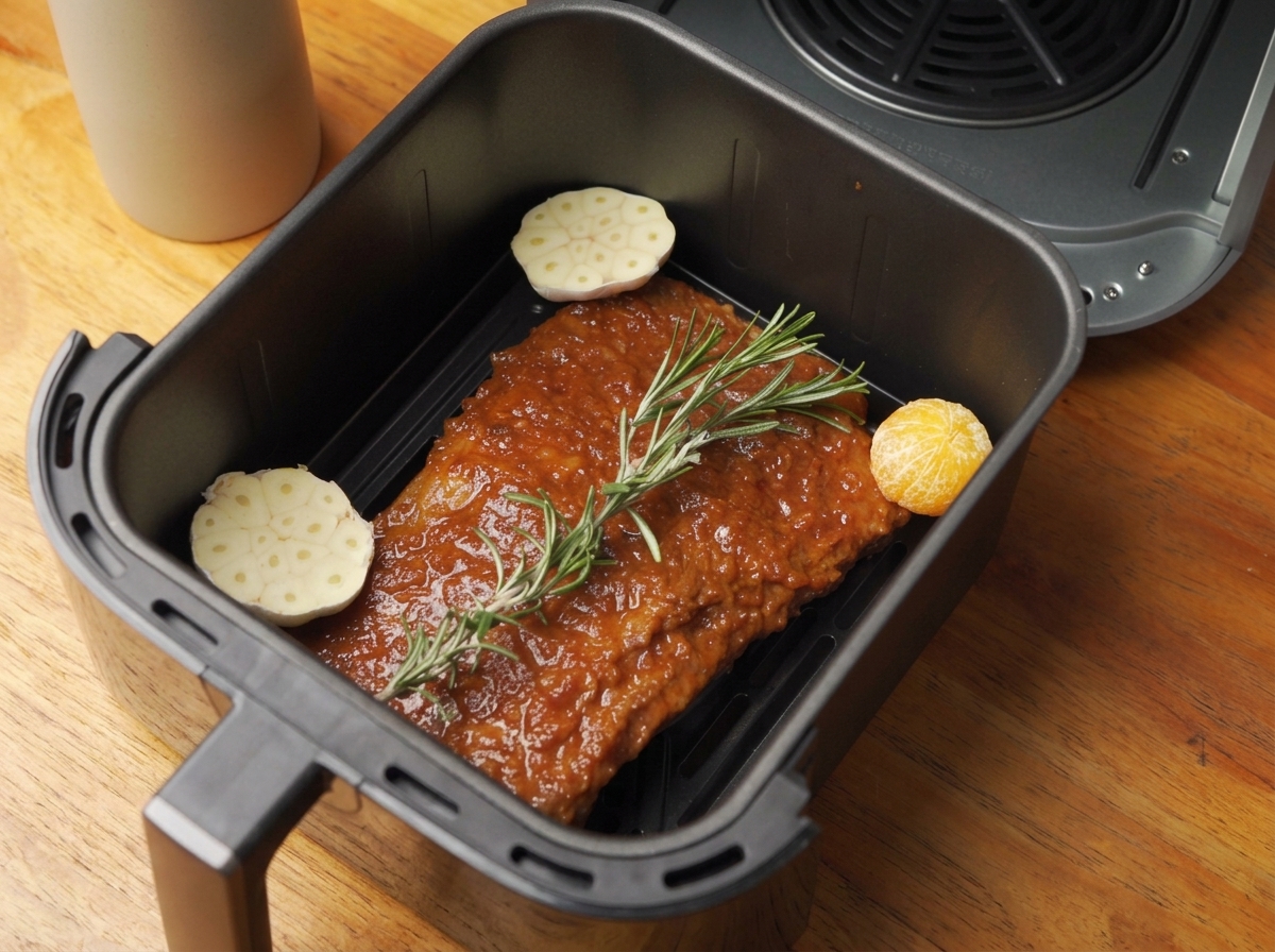 Ribs nappés de sauce dans le panier de lair fryer, garnis de romarin, de tranches de lotus et dune moitié dorange.