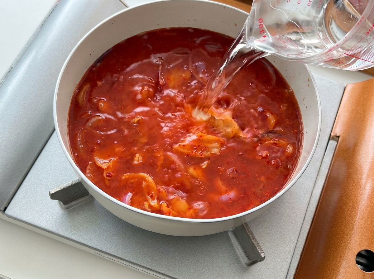 De leau claire versée dun verre doseur dans une casserole contenant un bouillon rouge épicé, des oignons et du kimchi.
