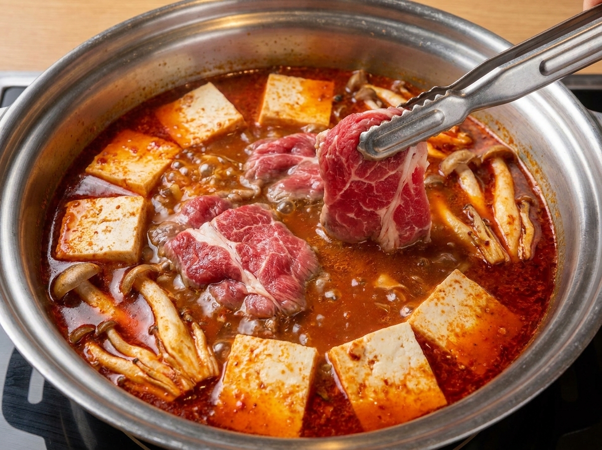 Des pinces en métal déposant de fines tranches de bœuf cru dans une marmite bouillante remplie de bouillon rouge, de tofu et de champignons.