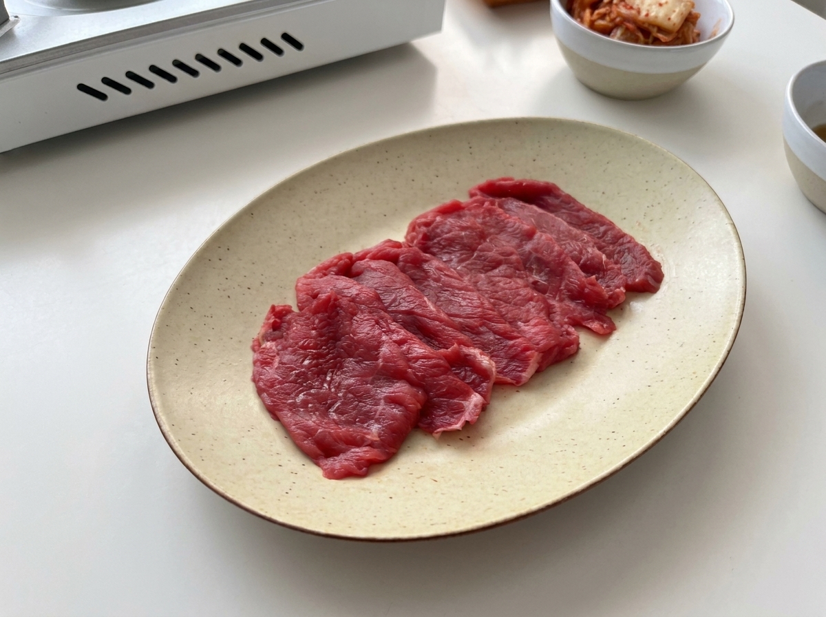 Fines tranches de bœuf cru soigneusement disposées sur une assiette en céramique ovale.