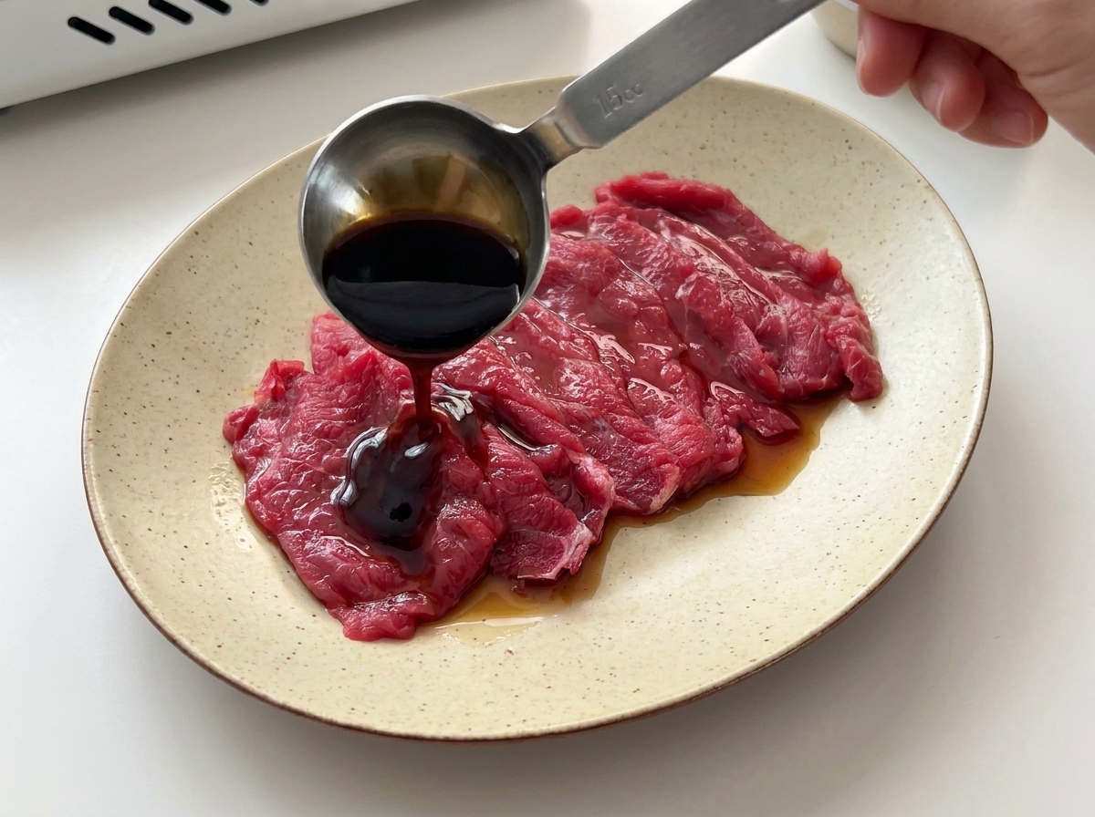 Une cuillère à mesurer en métal versant de la sauce soja foncée et de la sauce huître sur des tranches de bœuf crues.