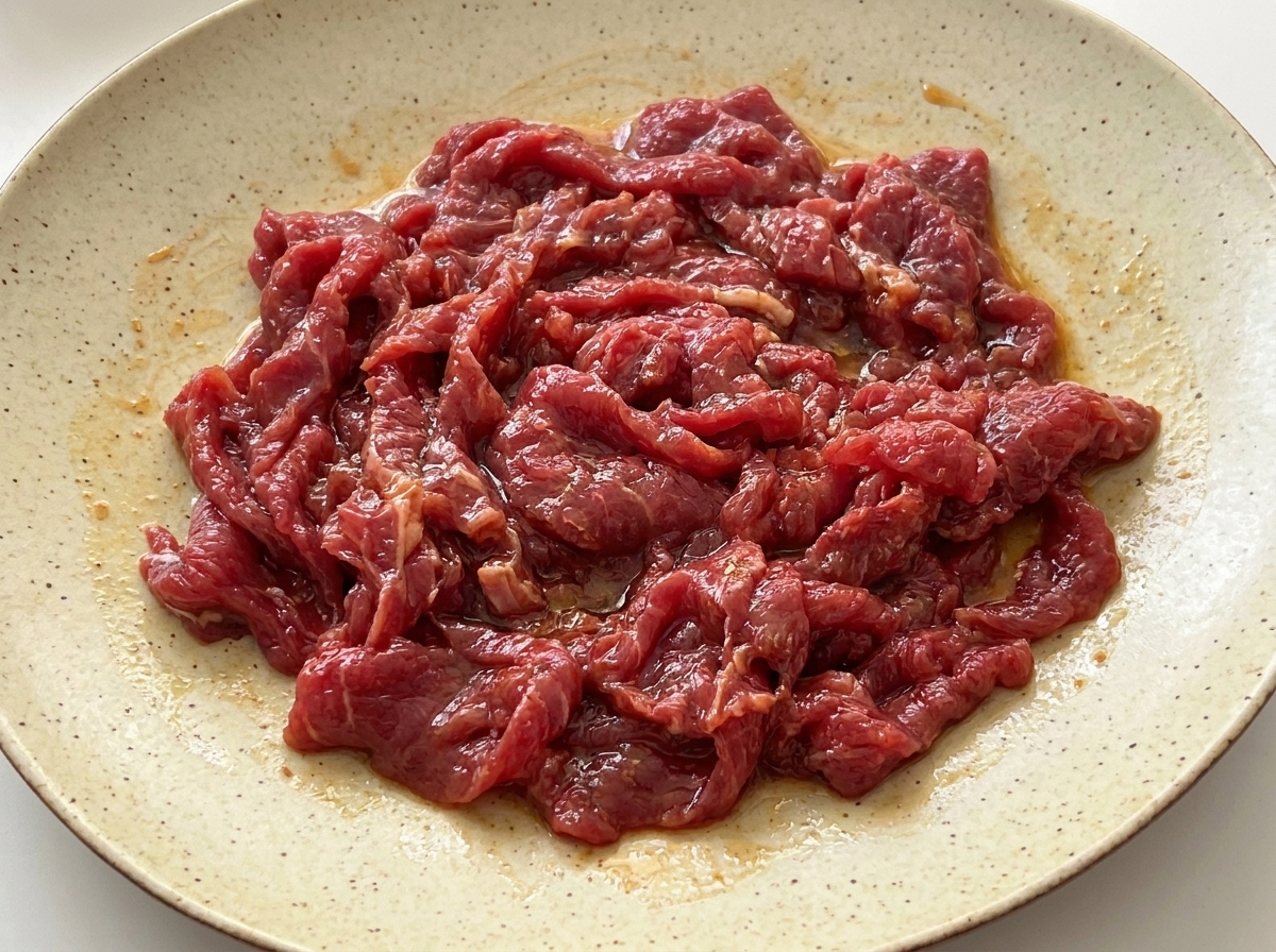 Tranches de bœuf cru entièrement enrobées dune marinade brillante à base de sauce soja, sauce huître et fécule de maïs.