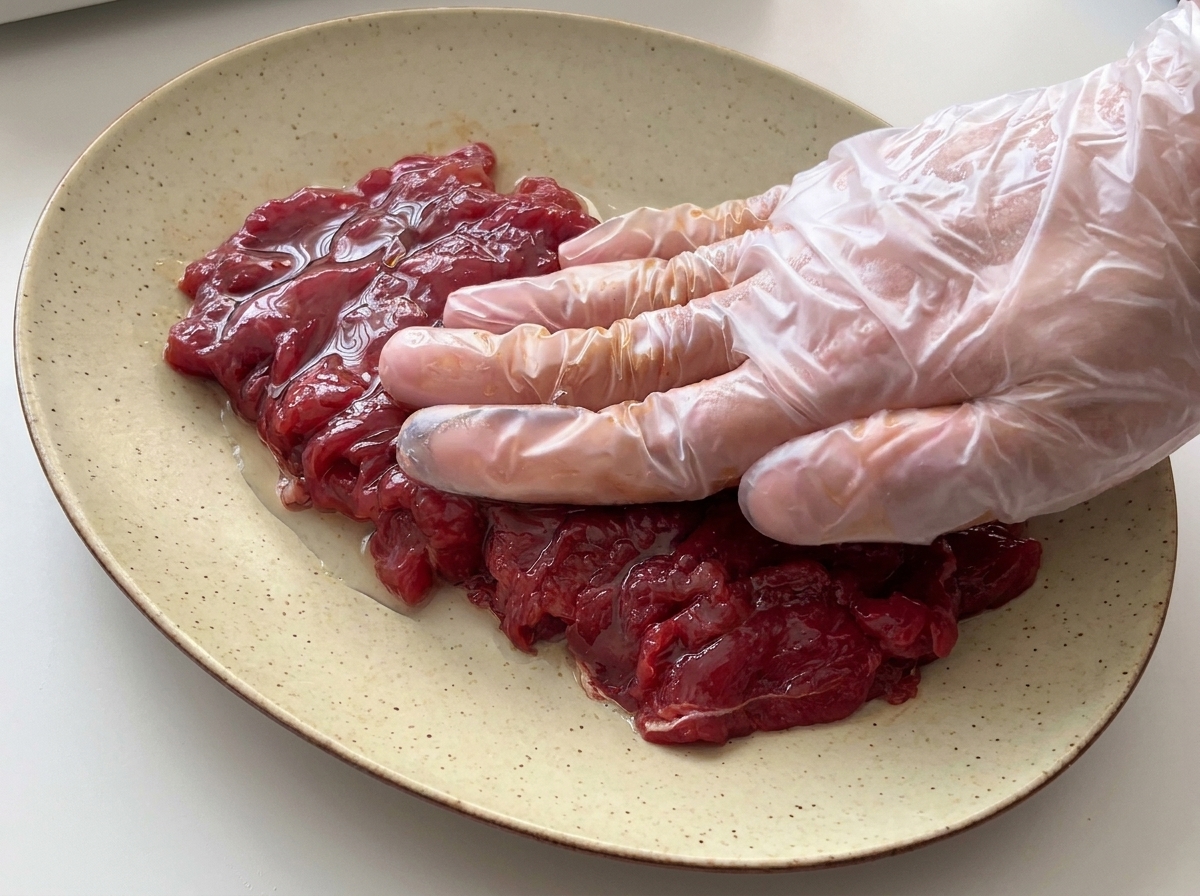 Une main gantée de plastique pressant à plat des tranches de bœuf crues marinées sur une assiette.