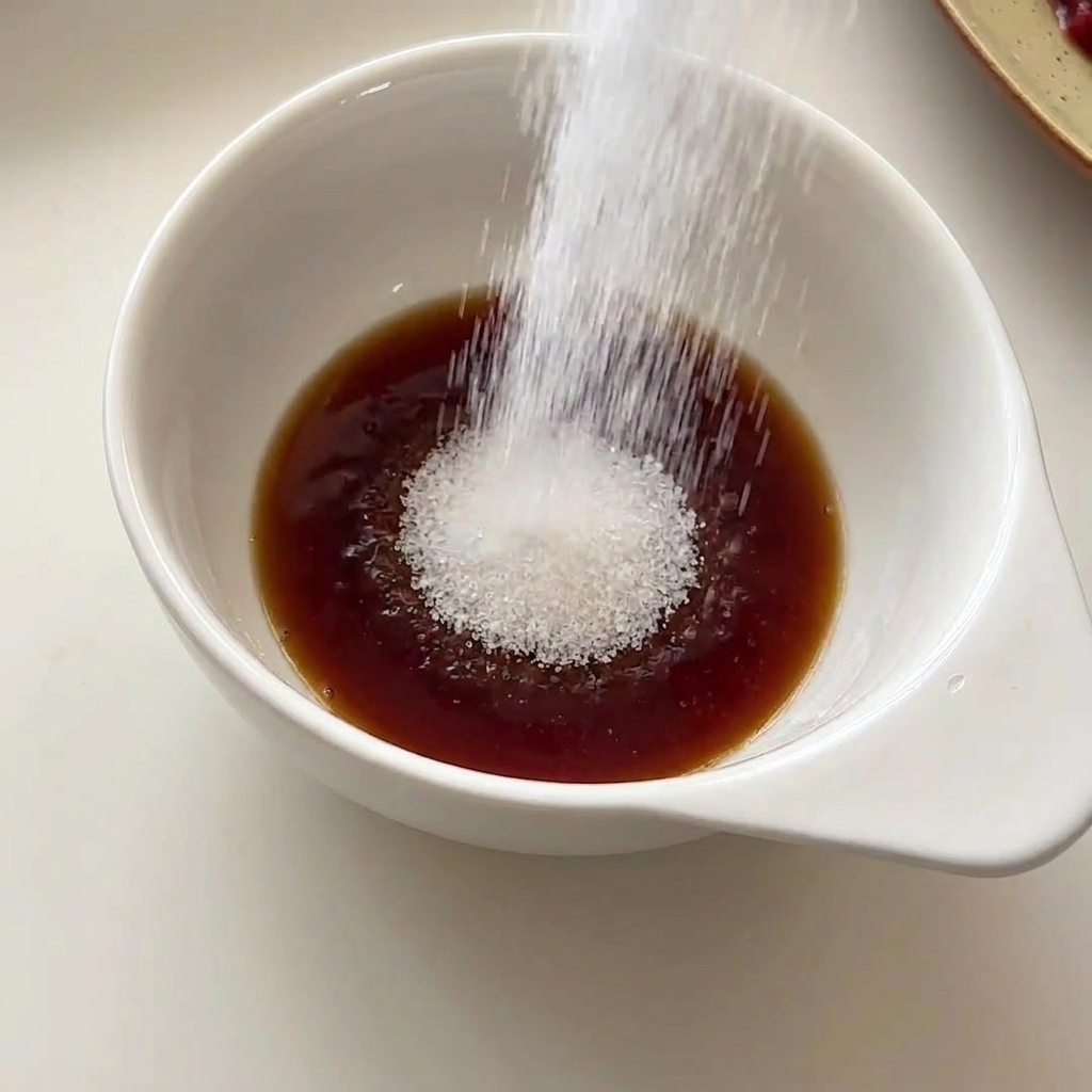 Du sucre blanc versé généreusement dans un petit bol blanc contenant de la sauce soja foncée.