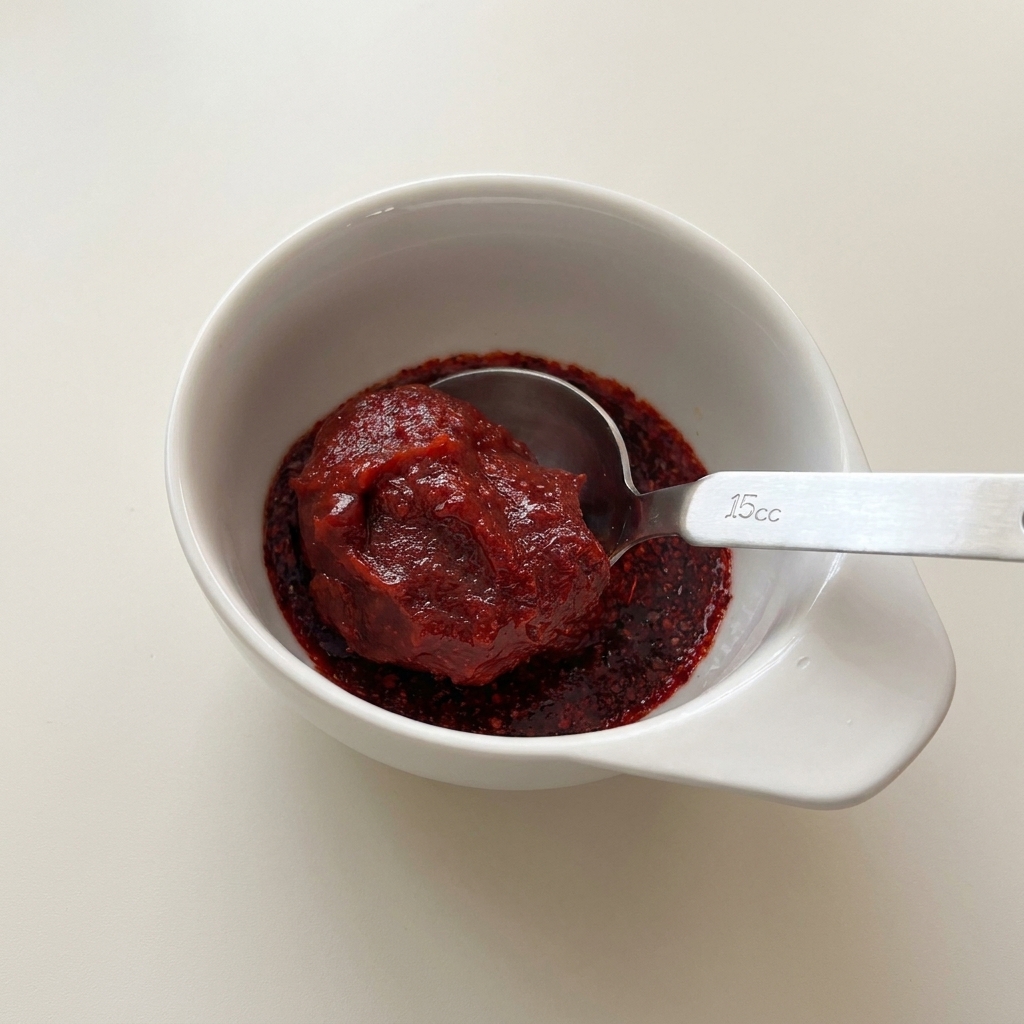 Une cuillère à mesurer en métal contenant une noisette de pâte de piment coréen rouge foncé, posée dans un petit bol blanc.