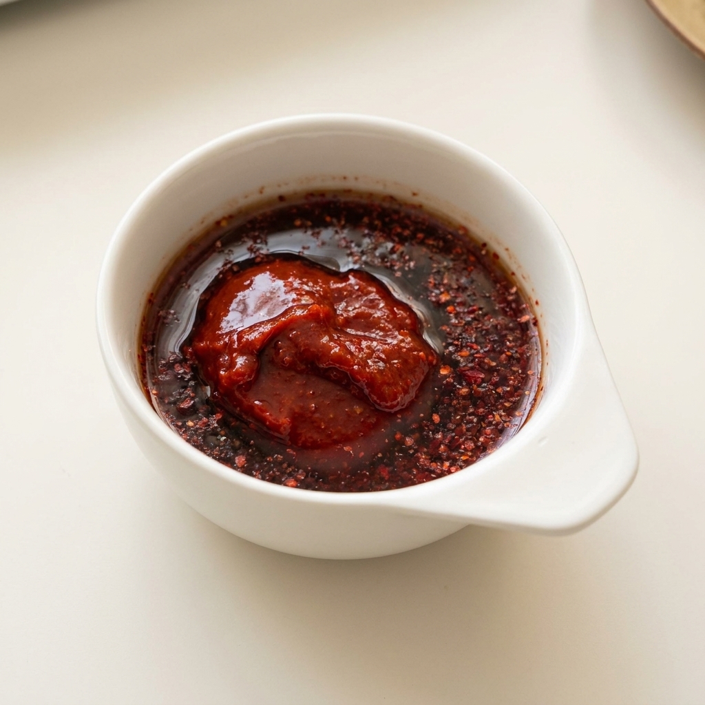 Un petit bol blanc contenant de la pâte de piment coréen, de la poudre de piment et un liquide sombre.