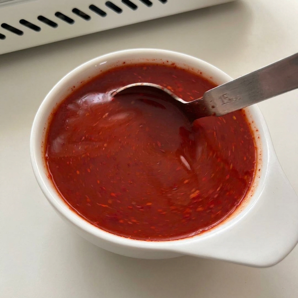 Une sauce au piment rouge vif remuée avec une cuillère en métal dans un bol blanc.