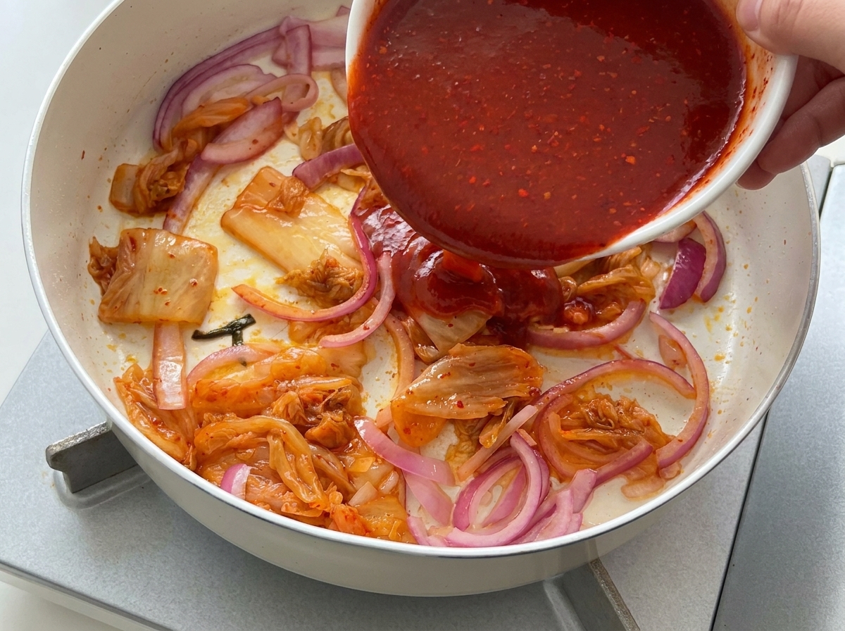 Une sauce chili rouge vif versée depuis un bol blanc sur un mélange doignons et de kimchi sautés dans une casserole.