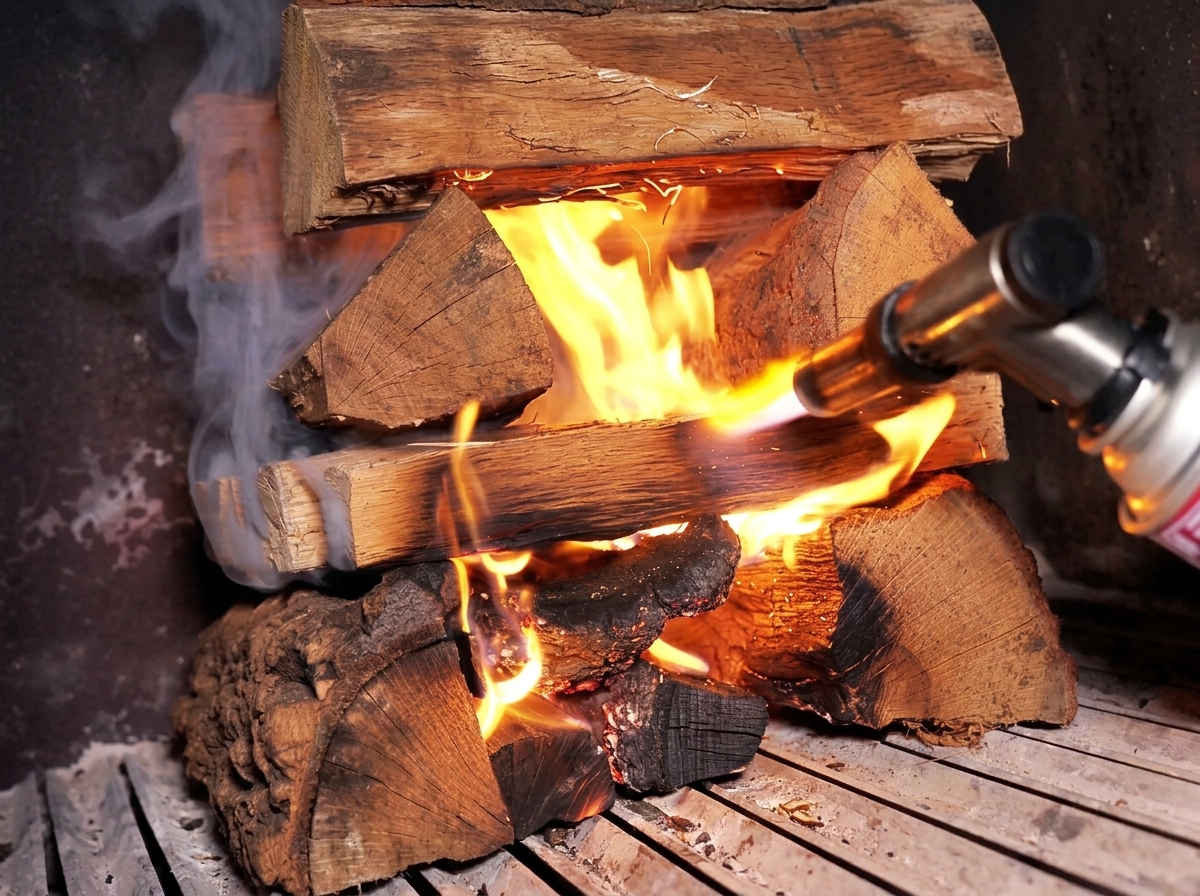 Un chalumeau allumant une pile de bûches de bois à lintérieur du foyer dun fumoir de barbecue.