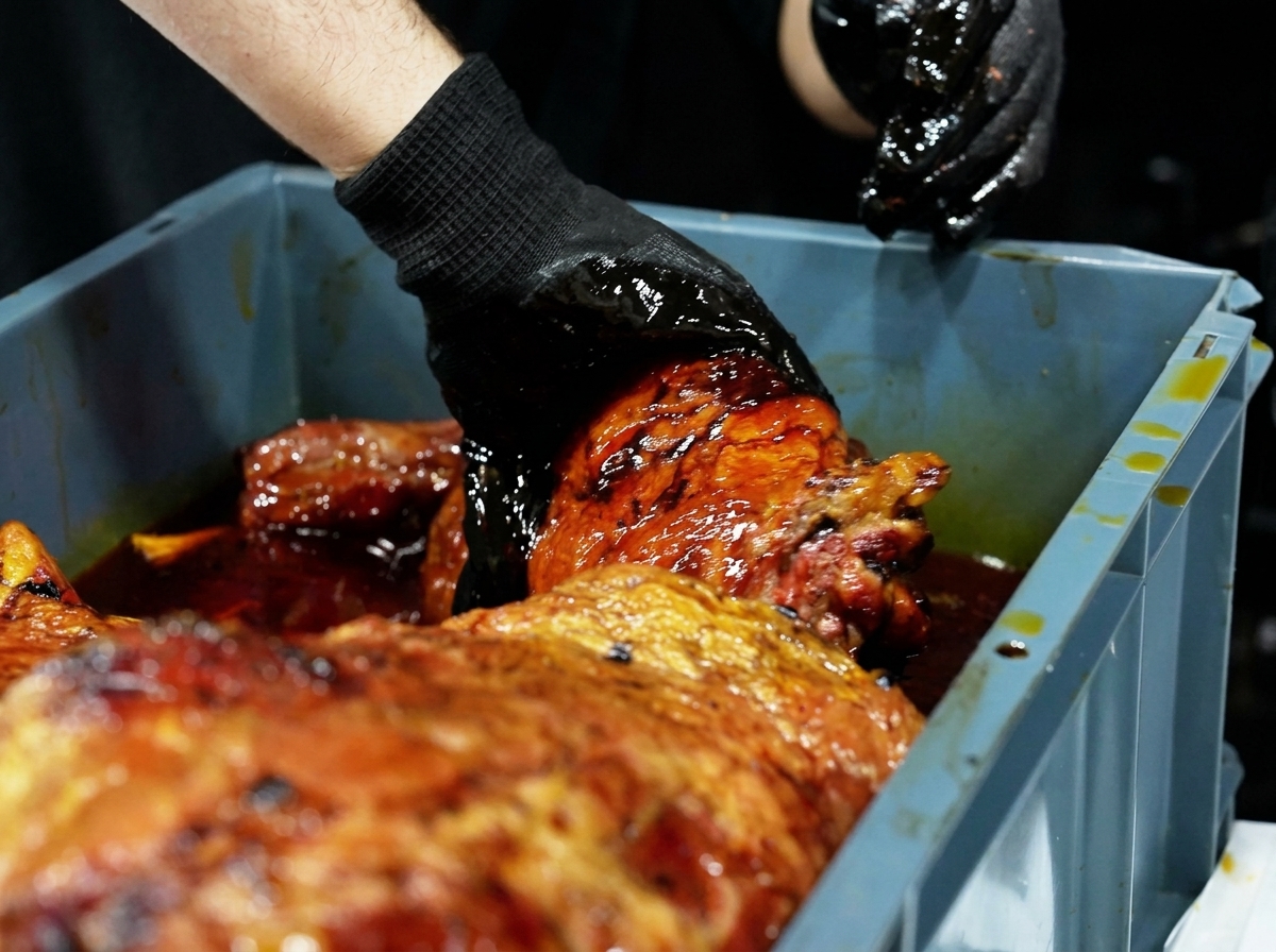 Mains gantées plaçant une grande pièce de bœuf fumé dans un bac en plastique rempli dune marinade liquide rouge sombre.