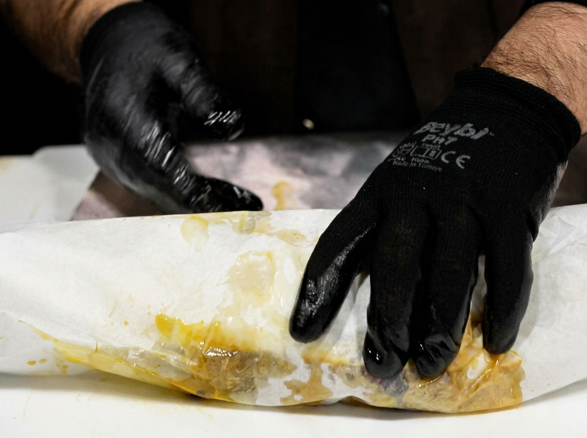 Mains gantées pliant fermement du papier de boucher blanc sur une pièce de viande marinée sur une surface blanche