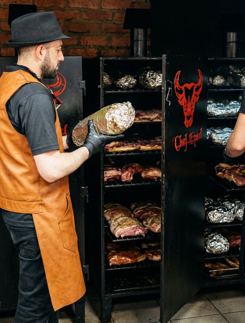 Un chef en tablier de cuir plaçant une grande pièce de bœuf emballée dans laluminium sur une grille à lintérieur dun fumoir commercial noir.
