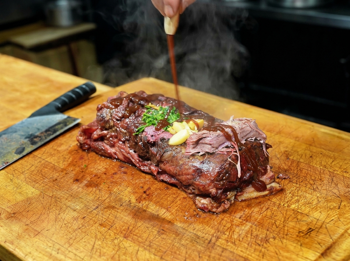 Une brisket de bœuf fumée garnie de gousses dail rôties et dherbes vertes, nappée dune sauce sombre.