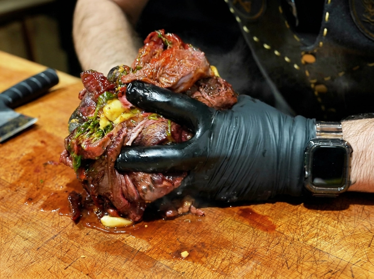 Mains gantées pressant et effilochant fermement une brisket de bœuf fumée très tendre mélangée à de lail et des herbes sur un bloc de bois.