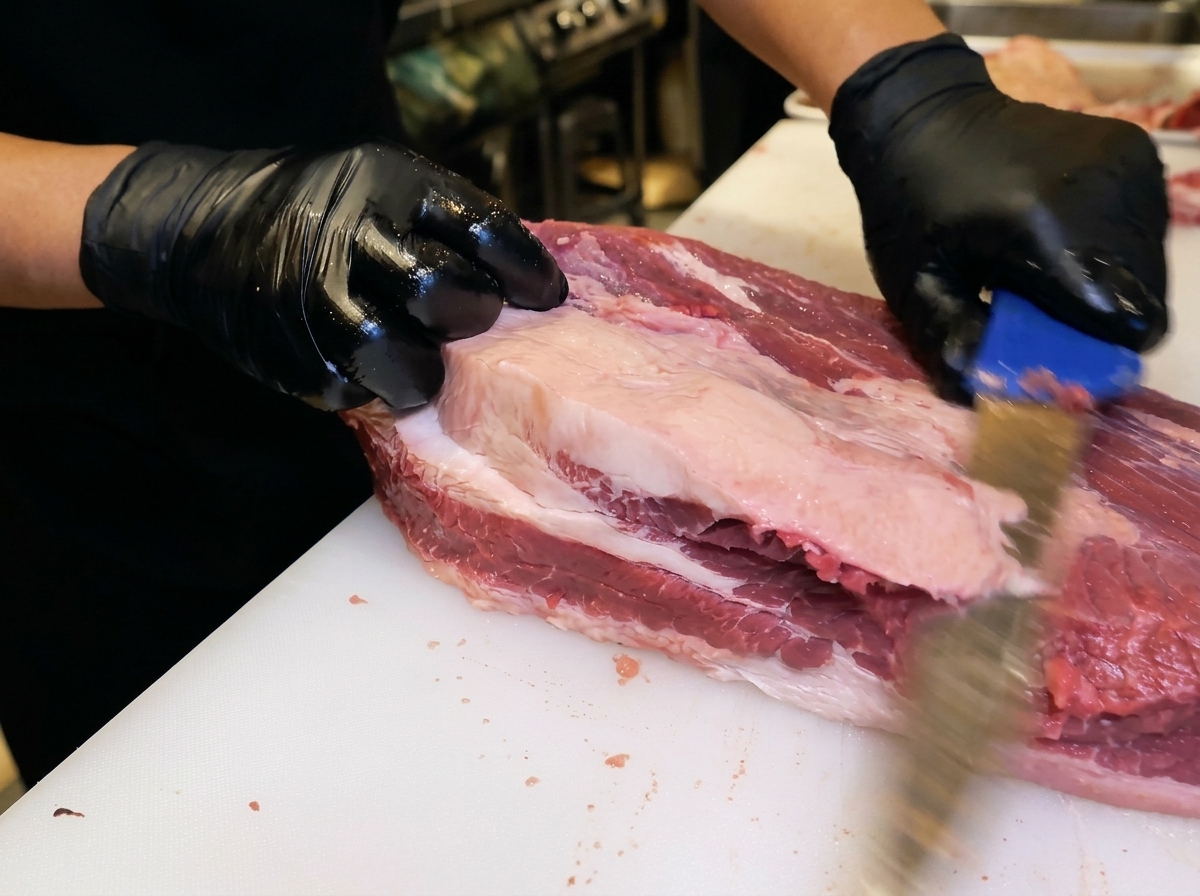 Mains gantées utilisant un couteau pour retirer une épaisse couche de graisse dune grosse pièce de bœuf crue.