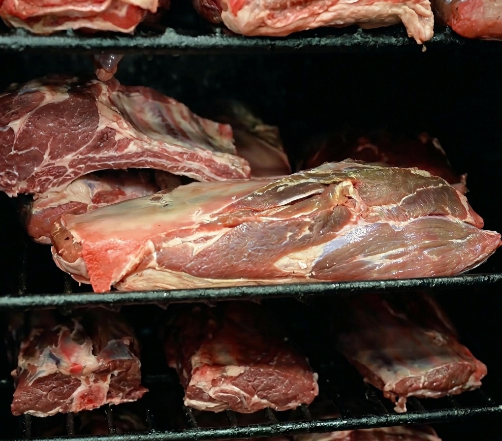 Gros morceaux de poitrine et de côtes de bœuf crus placés sur les grilles métalliques dun fumoir sombre.
