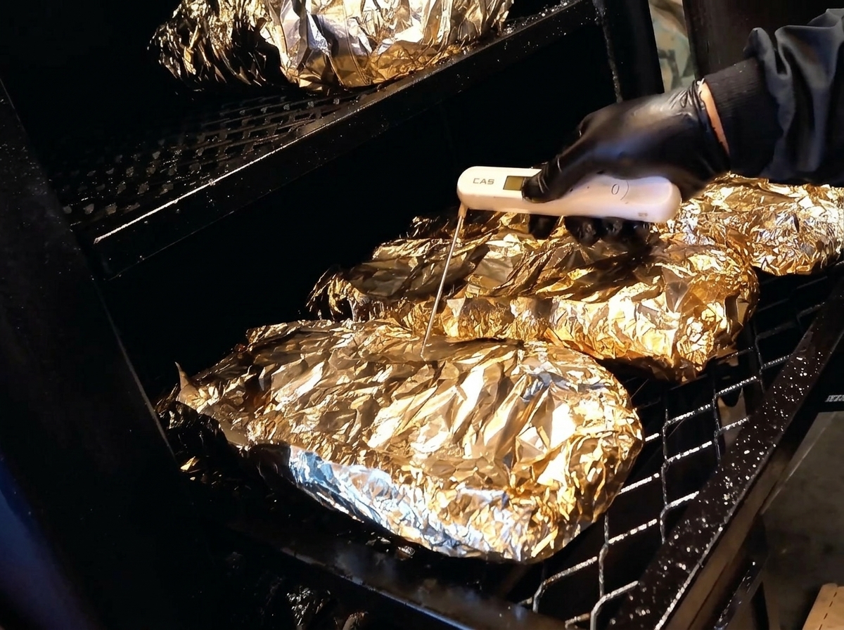 Une main insérant une sonde de thermomètre à travers laluminium dans une pièce de viande.