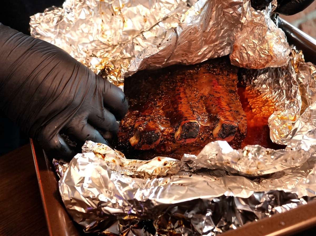 Mains gantées ouvrant laluminium pour révéler un bœuf fumé à la croûte riche et sombre.