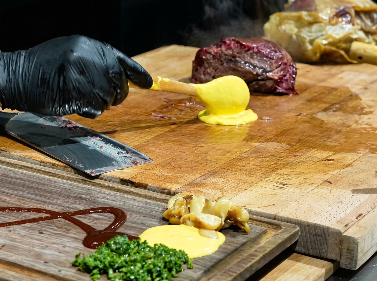 Une personne étalant une flaque de fromage fondu jaune sur une grande planche en bois.