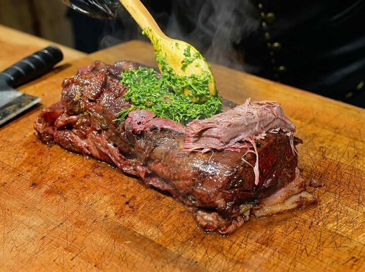 Une cuillère étalant une pâte dherbes vertes sur du bœuf fumé fumant garni dail.