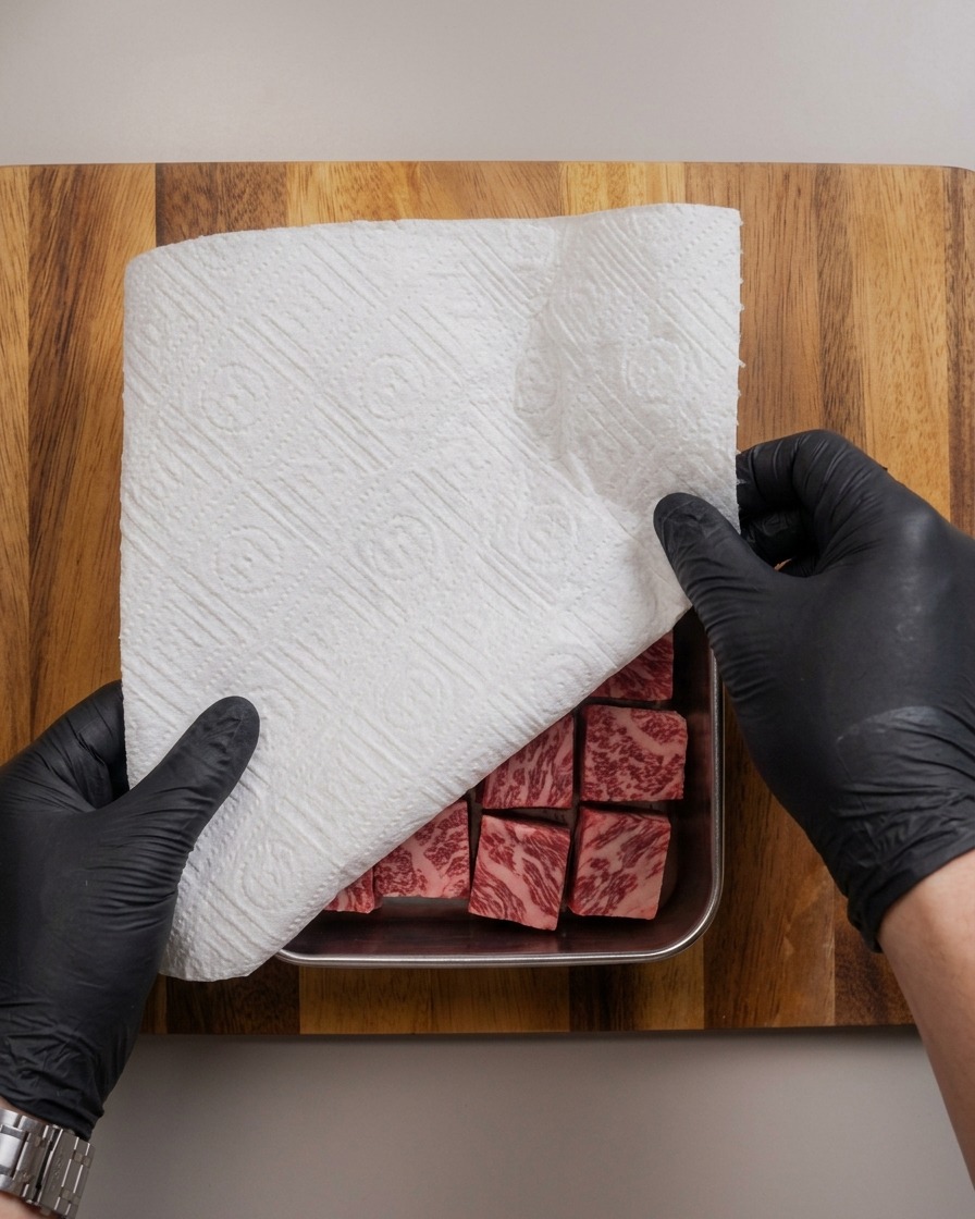 Mains gantées tamponnant du bœuf persillé cru avec du papier absorbant dans un plateau métallique.