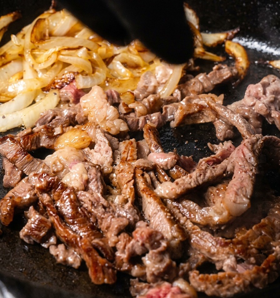 Poivre noir saupoudré sur le bœuf et les oignons en fin de cuisson dans la poêle.