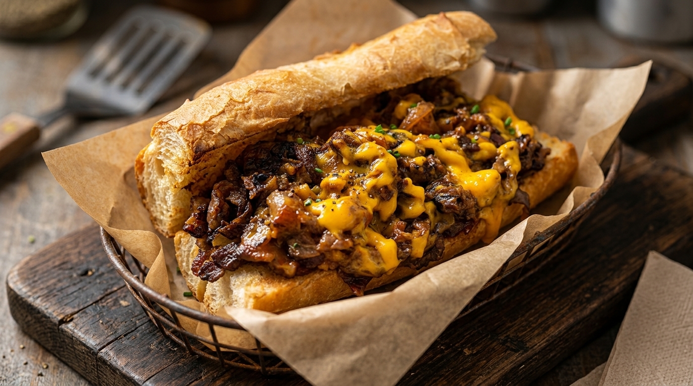 Sandwich Philly Cheesesteak Authentique aux Oignons Caramélisés