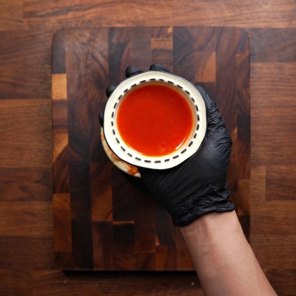 Une main dans un gant noir tenant un petit bol blanc rempli dun jus de kimchi opaque et rouge vif sur un fond de bois sombre.