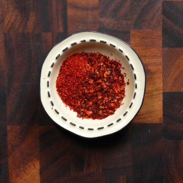 Un petit bol blanc décoratif rempli dun mélange de flocons de piment coréen rouge vif, fins et grossiers.