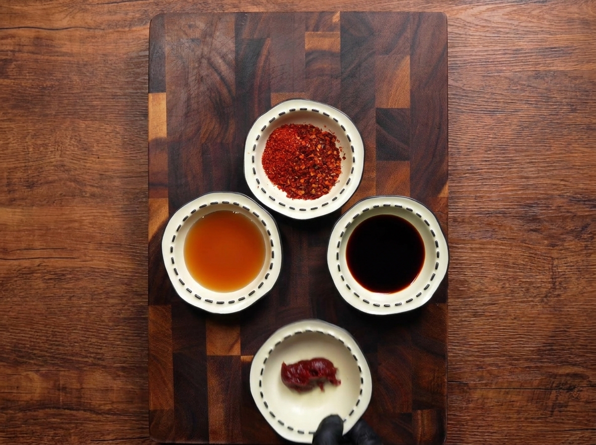 Vue de dessus de quatre petits bols contenant des flocons de piment, de la sauce soja claire, de la sauce de poisson et une main gantée ajoutant une cuillerée de pâte rouge de gochujang.
