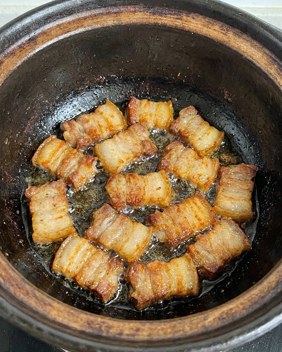 Des tranches de poitrine de porc grésillant et dorant dans une marmite en terre cuite foncée, bouillonnant dans leur propre graisse fondue.