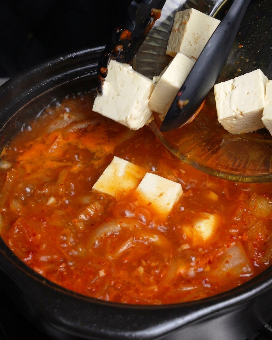 Faire glisser des cubes de tofu blanc frais dun bol en verre dans une marmite bouillante de soupe rouge au kimchi.