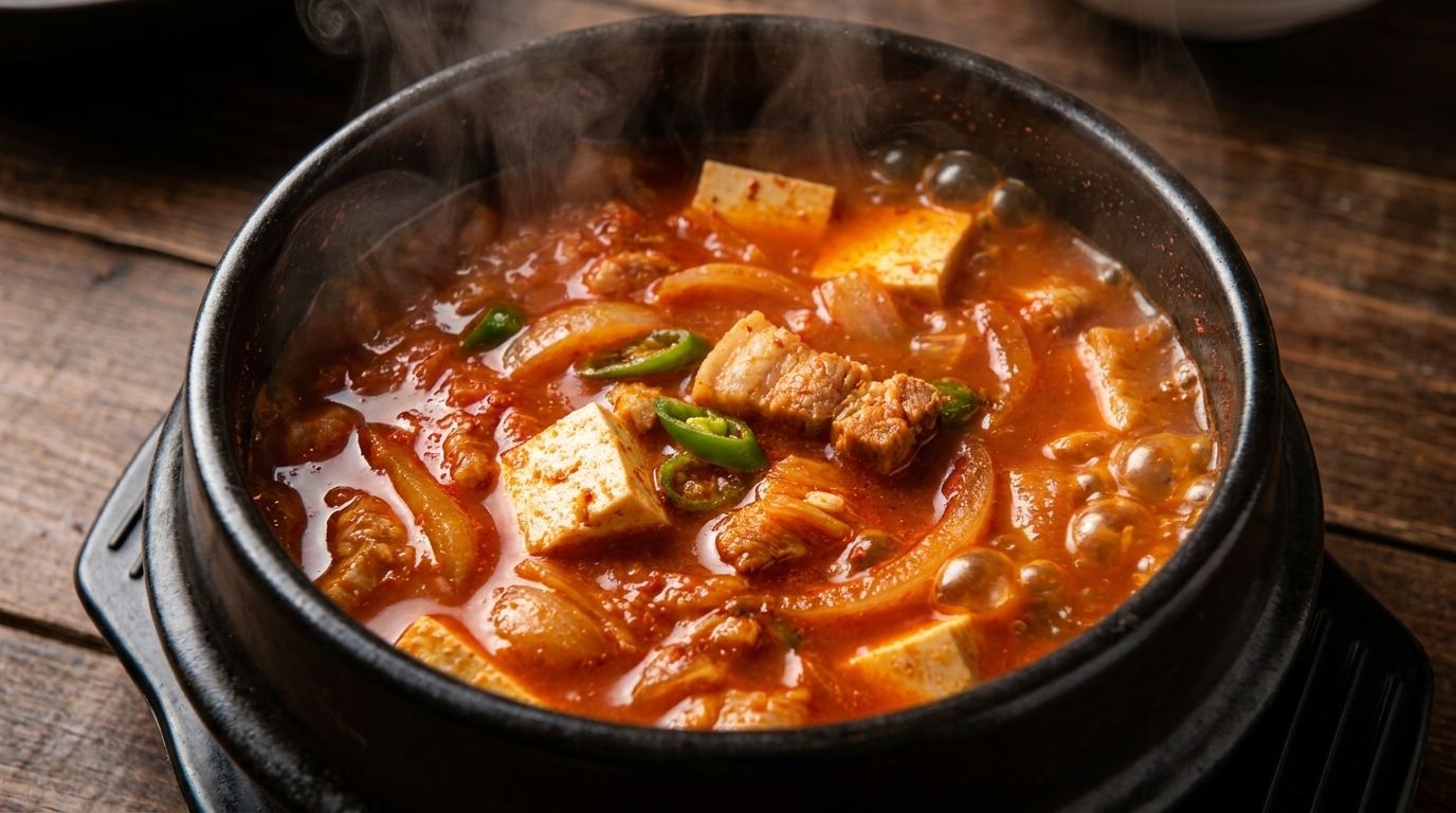 Soupe coréenne authentique au kimchi et à la poitrine de porc (Kimchi-jjigae)