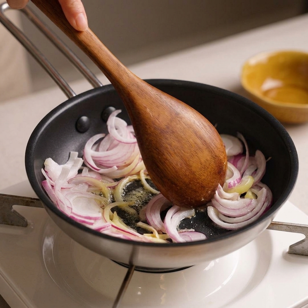 Une spatule en bois remuant des lamelles doignons rouges dans une poêle noire avec du beurre fondu.