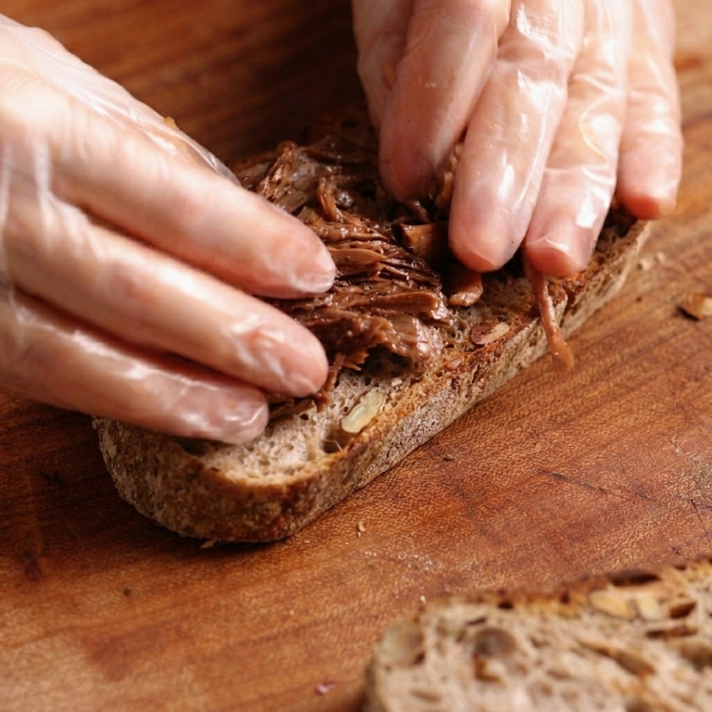 Des mains gantées disposant généreusement du bœuf braisé effiloché sur une tranche de pain grillé.